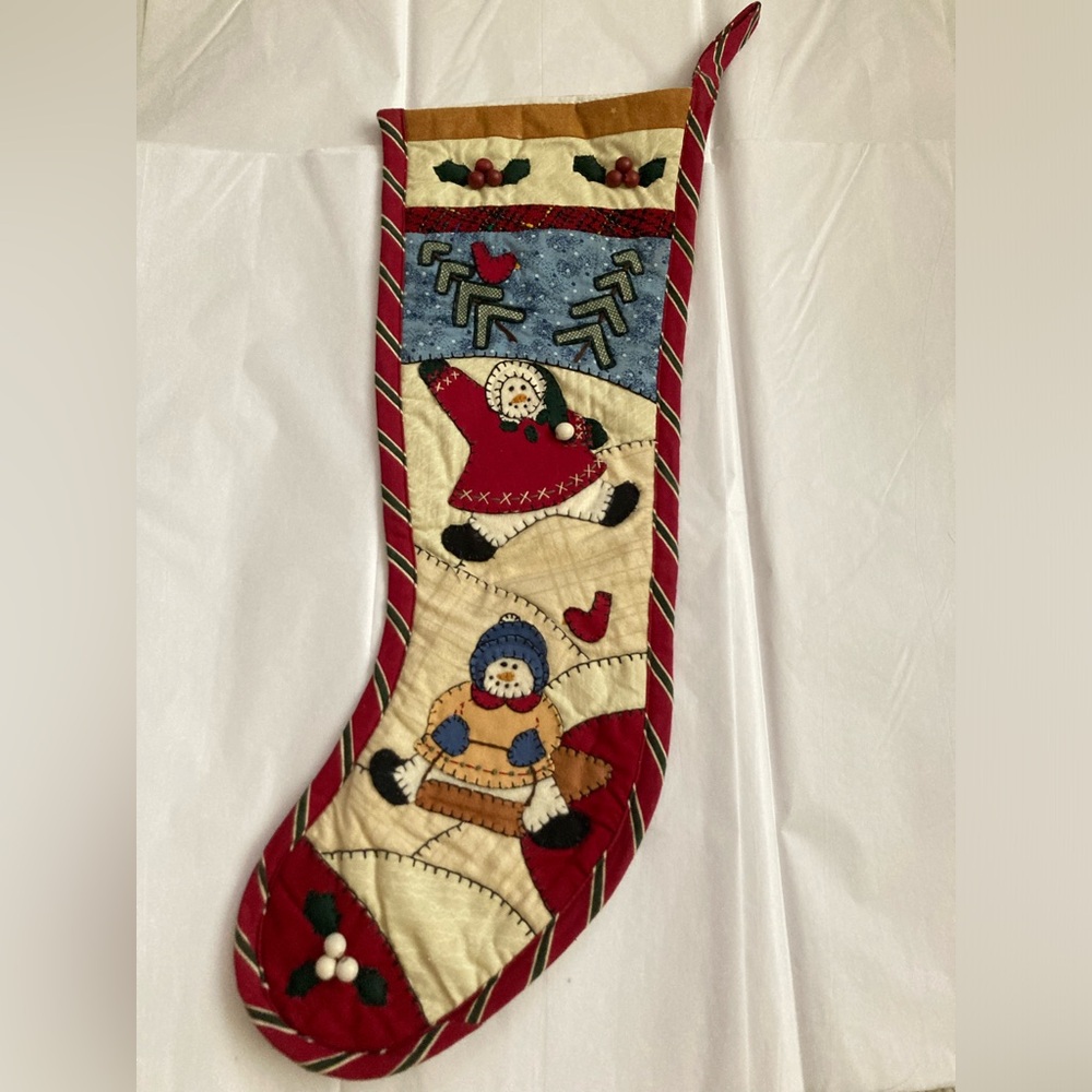 NWOT Quilted Folk Art Snowmen Cardinal Festive Christmas Stocking